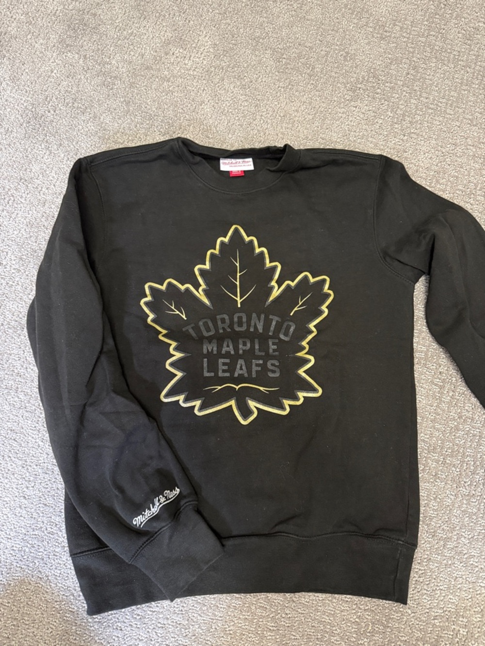 Mitchell & Ness Black Crewneck with Gold-Outlined Maple Leaf